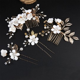 BUYBLIFE Bridal Wedding Hair Accessories Set, Set of 4 Bridesmaid Flower Hair Pins Elegant Jewelry Rhinestone for Women Girls, with 5pcs Crystal Pearl Bridal Headpieces