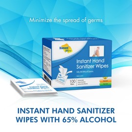 Diamond Wipes, Instant Hand Sanitizer Wipes, 65% Alcohol Wipes, 100 ct 6 x 5 inches Individually Packed Hand Wipes with Vitamin E and Aloe Vera