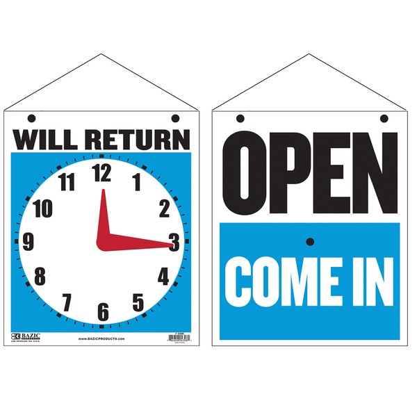 BAZIC Open Sign 7.5"x9", Clock Will Return Will be Back, Double Sides Plastic Vinyl Signs, Business Store Office Bars Retail Salon Shop, 1-Pack