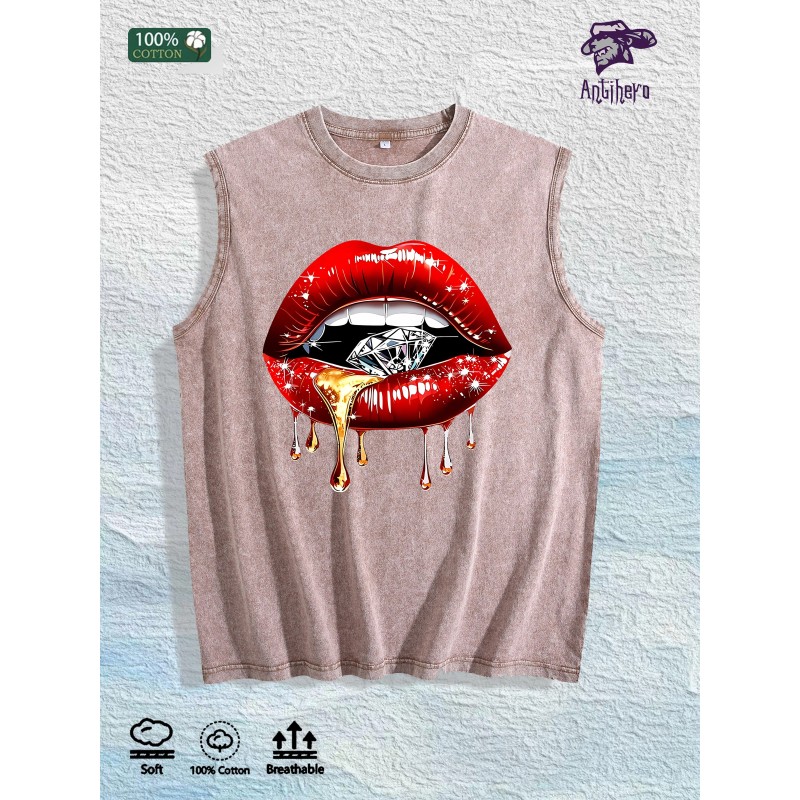 Glam Lips & Diamond Graphic Washed Vest US Warehouse 3