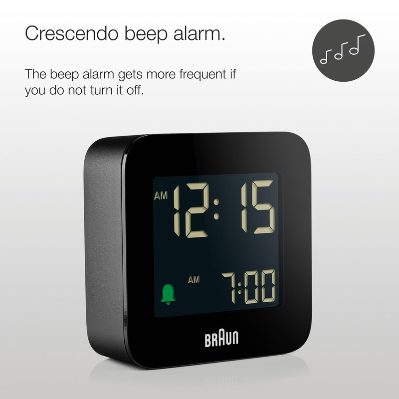 Braun Digital Travel Alarm Clock with Snooze, Compact Size, Negative