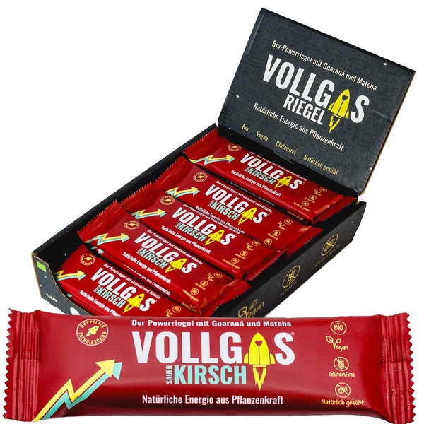 Vollgas Sour Cherry Bar - Energy Bar with 30 mg Caffeine - Vegan, Organic, Gluten Free - Easily Compatible - Sports Bar for Cycling, Running, Hiking - Before and During Sports