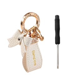 FALVFUN Bling Car Keychain, Bow Leather Rhinestone Vehicle Key Chain, Auto Handbag Key Ring Decoration Pendant, Universal Fit (Gold/White)