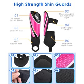 Youth Football Shin Guards, BROTOU High Strength Junior Shin Pads with Calf & Ankle Protection, Lightweight Design, Breathable, Non Slip Extended Adjustable Straps, for Boys and Girls (L, Rose Red)