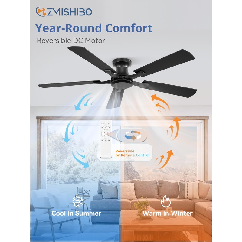 ZMISHIBO 52 Inch Ceiling Fan No Light, Flush Mount Low