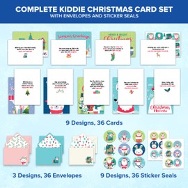 Decorably 36 Pack 5x7in Kids Christmas Cards with Envelopes and Stickers, 9 Fun Designs Assorted Christmas Cards Bulk with Printed Message Inside