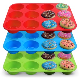 Cheer Collection 3-Pack Silicone Bakeware Set – Nonstick Cupcake Tray in Red, Green, Blue, Flexible Baking Molds, Muffin Tins, Reusable Cupcake Pans, Egg Bites Silicone Mold, BPA-Free Baking Cups