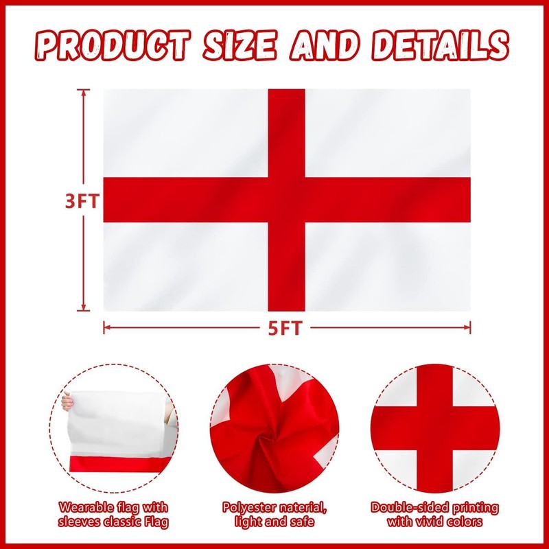 Large England Flag 5X3FT With Sleeve Wearable St George For