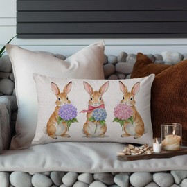 AOFANGGO Easter Pillow Cover 12X20 Inch Bunny Flowers Decorations Happy Easter Holiday Farmhouse Decorative Spring Pillow Case for Home Sofa Hydrangea Floral