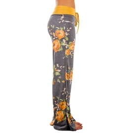 iChunhua Women's Comfy Stretch Floral Print Drawstring Palazzo Wide Leg Lounge Pants(S,Yellow)