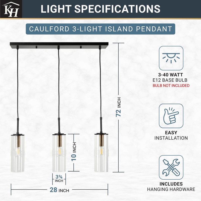 Kenroy Home Caulford Collection Ribbed Glass 3-Light Black Metal Island