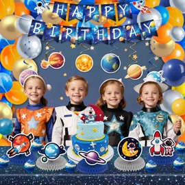 Outer Space Birthday Party Decorations for Kids Space Galaxy Happy Birthday Banner Backdrop Balloons Hanging Swirl Tablecloth Honeycomb Centerpiece Set for Boy Astronaut Theme Birthday Party Supplies