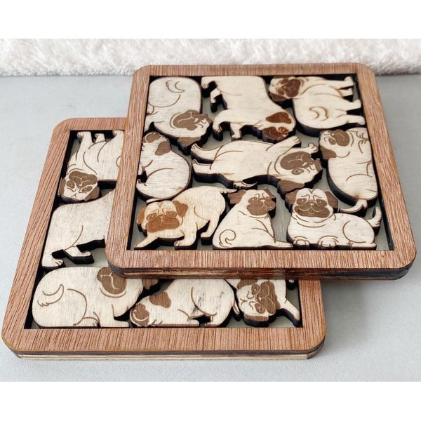 02 Pug Dog Coaster - Pug Dog Puzzle Wooden Coaster