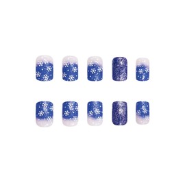SINHOT Christmas Press on Nails Medium Square Fake Nails Glossy Glue on Nails Snowflakes Acrylic Nails Squoval Artificial Nails Blue Glitter Stick on False Nails with Design 24 pcs