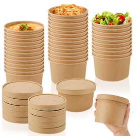Sabary 50 Pack 14 oz Paper Soup Containers with Lid Disposable Kraft Soup Food Bowl Microwavable Food Storage Ice Cream Containers Nice for Restaurants (Brown)
