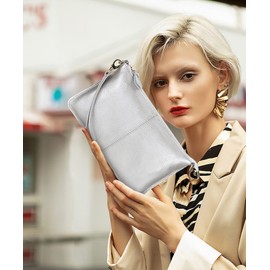 FORRICA Geldbörse Damen Handy Umhängetasche Echte Leder Handytasche Frauen Kleine Schultertasche Rindsleder Clutch Portemonnaie Silber