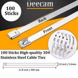 Stainless Steel Cable Ties, Deecam 100 Pcs 4.6×300mm Metal Cable Tie, 304 Stainless Steel Zip Ties with Steel Ball Stopper, Suitable for Binding Cable, Garden Repair (100 Pcs)