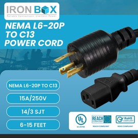 IronBox Electric NEMA L6-20P to C13 Power Cords - 15A, 250V, 14/3 SJT - UL Listed Power Extension Adapter - Heavy Duty Plug and Cables for Data Centers, PDU, High Powered Devices & More (15ft, Molded)