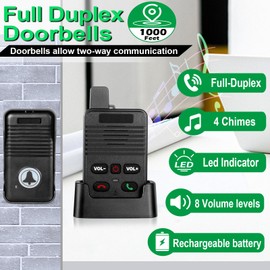 Wireless Doorbell, Waterproof Full Duplex Doorbell Wireless Upgrade, 1000ft Range, Door Bell Two Way Communication, 8 Volume Levels, 4 Chime Wireless Doorbells for Home House Business (1Pack Black)
