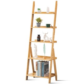 DOUSY- 5-Tier Bamboo Ladder Shelf Ladder Bookshelf Plant & Flower Stand Bookcase, Freestanding Storage Rack Organizer Display Shelf for Living Room, Home Office, Bedroom, Balcony, Natural Wood
