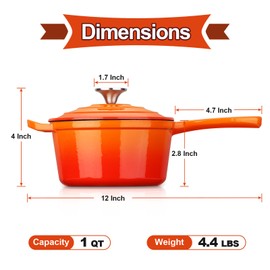 HaSteeL 1 QT Cast Iron Saucepan, Mini Enamel dutch oven with lid, Small Non Stick Pan for Milk, Pasta Tomato Sauce, Butter, Breakfast, Soup, Suitable for Boiling Stewing Frying, Easy to Clean, Orange