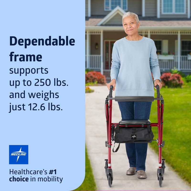 Medline Superlight Folding Aluminum Mobility Rollator Walker, Red, 250 lb.