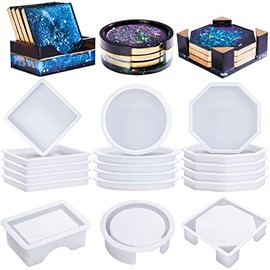LET'S RESIN 18 piezas de moldes de posavasos de resina de silicona, moldes de posavasos con moldes de soporte de forma redonda, cuadrada y octogonal para resina epoxi, manualidades de arte y tapetes