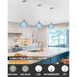 Brushed Nickel Pendant Lights Kitchen Island, Globe Pendant Light Fixtures with 8 Inch Clear Glass Shade, Modern Hanging Light Fixtures for Kitchen, Bedroom (1 Pack - Blue Glass Pendant Light)