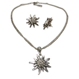 Alpenflüstern Costume Jewellery Set Costume Necklace and Stud Earrings Rhinestone Edelweiss – Women's Costume Jewellery Set Dirndl Necklace and Costume Earrings Antique Silver Colours SET030, 65%