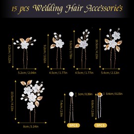 Pack of 15 Wedding Hair Accessories Set, Wedding Hair Pins with Pearls and Flower, U-Shaped Hair Clips Rhinestone, Hair Pins Wedding, for Bride and Bridesmaid (Golden, 3 Styles)