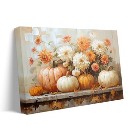 Thanksgiving Pumpkin and Floral Canvas Wall Art Decor, Autumn Harvest Canvas Print, Rustic Fall Decor for Living Room, Kitchen or Office, Seasonal Artwork, USA-Made Festive Decorations 24X30 inch