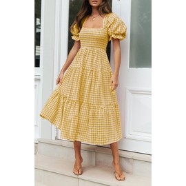 ZESICA Women's 2025 Bohemian Summer Plaid Square Neck Puff Sleeve Ruffle Flowy Beach Midi Dress,Ginger,Medium