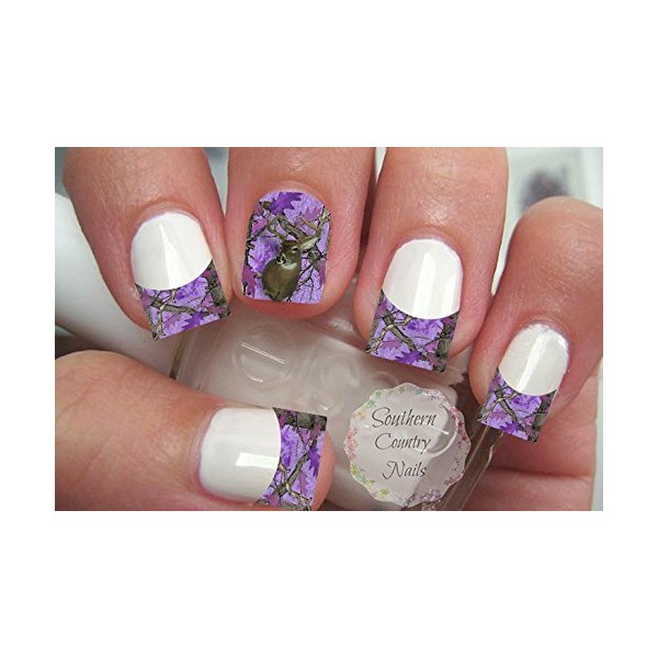 Purple Camo Deer French Tips and Full Nail Art Decals
