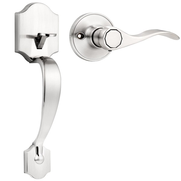 Probrico Camelot Trim Lower Half Front Entry Handleset, Passage Lock Grip Handle with Wave Lever, Keyless Door Locks Brushed Nickel, Interior and Exterior Entrance Passage Lock