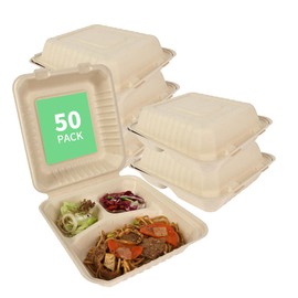 Recqianweilin To Go Food Containers,Disposable Food Containers with Lids,Sugarcane Fiber To Go Boxes,Clamshell Take out Containers for Meal Prep (8"x8" 3 separate 50Pack No fork(Natural)