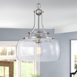 WUZUPS Chandelier Rustic Farmhouse Industrial Round Ceiling Pendant LED Light Fixture Clear Seeded Glass Shade for Dining Room Kitchen Island Foyer Entryway, H 17" x W 13.4", E26 Base, Brushed Nickel