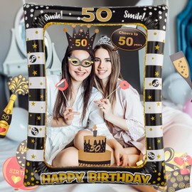 AIBAOBAO 50 Geubrtstag Photo Box Accessories, Pack of 35 50th Photo Props and Inflatable Picture Frame Photo Booth Decoration, Happy Birthday Selfie Frame for Women Men Parties Festivals Wedding