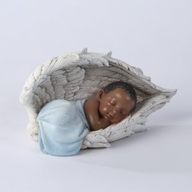 ShineOnAngel Cherub Statue African American Baby sleeing in Guardian Angel's Wing for Baby Shower, Home Decor or Memorial, Sleeping Infant Statue (African American Baby in Blue)