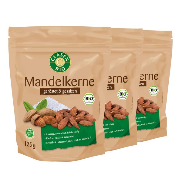 3x CLASEN Organic Almond Kernels Roasted and Salted - 125