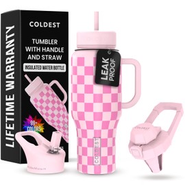 Coldest Tumbler with Handle and Straw - 100% Leak Proof Insulated Tumbler with Lid and Straw (3 Lids) - Stainless Steel Tumblers for Women & Men - Cup Holder Friendly Base, 36 oz (Pink Checkers)
