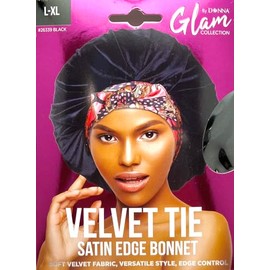 DONNA Velvet Tie Satin Edge Bonnet, Shower Cap for Women, Satin Bonnet for Sleep XL Size, 1pc BLACK COLOR