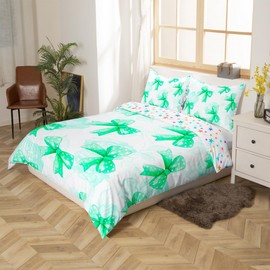 Homemissing Green Bowknot Duvet Cover Set Double Size For Kids Girls Teens Bedroom Cute Coquette Bow Bedding Set Rose Bow Ribbon Comforter Cover with 2 Pillowcases