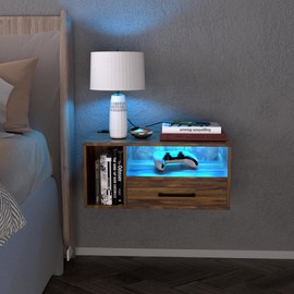 Homaterial Floating Nightstand with Charging Station and LED Lights, Floating Bedside Table with Drawers Wall Mounted Nightstands,for Bedroom Room, 21.3" x 11.8" x 10",Rustic Brown