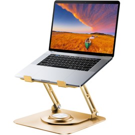 JOYEKY Laptop Stand for Desk, Adjustable Computer Stand with 360° Rotating Base, Ergonomic Laptop Riser for Collaborative Work, Foldable & Portable Laptop Stand, fits for All 10-16" Laptops (Gold)