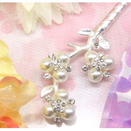 Miaomyao Kanzashi Kanzashi, One Piece, Kimono, Tsumatsu, Hair Ornament, Metal, Pair, Couple, Antique Flower, Peach Blossom, Motif, Pearl, Silver, Hair Accessory (WhitePearl)