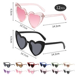 Epokus Heart Sunglasses, Vintage Heart-Shaped Glasses, Pack of 12 Heart-Shaped Party Sunglasses, 70s, Fashion Hippie Glasses for Holiday, Party, Wedding, Carnival, Photo Shooting (Colour)