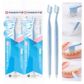 YANDY Denture Brush Dual Head - Soft Bristle Toothbrush for Dentures, Retainers & Aligners - Double Sided Cleaning for Effective Grime Removal - Comfort Grip Handle (2-Pack)
