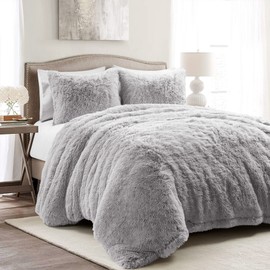 Lush Decor Emma Faux Fur Soft Fluffy Oversized Duvet Cover Set, Full/Queen, Light Gray - Warm Plush 3 Piece Bedding Set