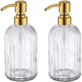 Mekoly Gold Glass Soap Dispenser with Rust Proof Metal Pump, Vintage & Antique Design, 16oz Clear Glass Dish Soap Dispenser for Bathroom & Kitchen, 2 Packs