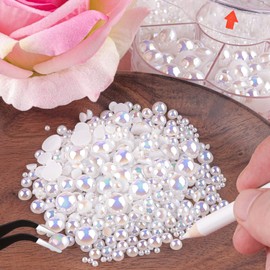 Nail Art Flat Back Half Round Pearl Kits 5, 1 Box of 2400 Pcs Flat-Back White AB Pearl with Tweezer and Picker Pencil for Home DIY Nails Body Face Craft and Salon Use